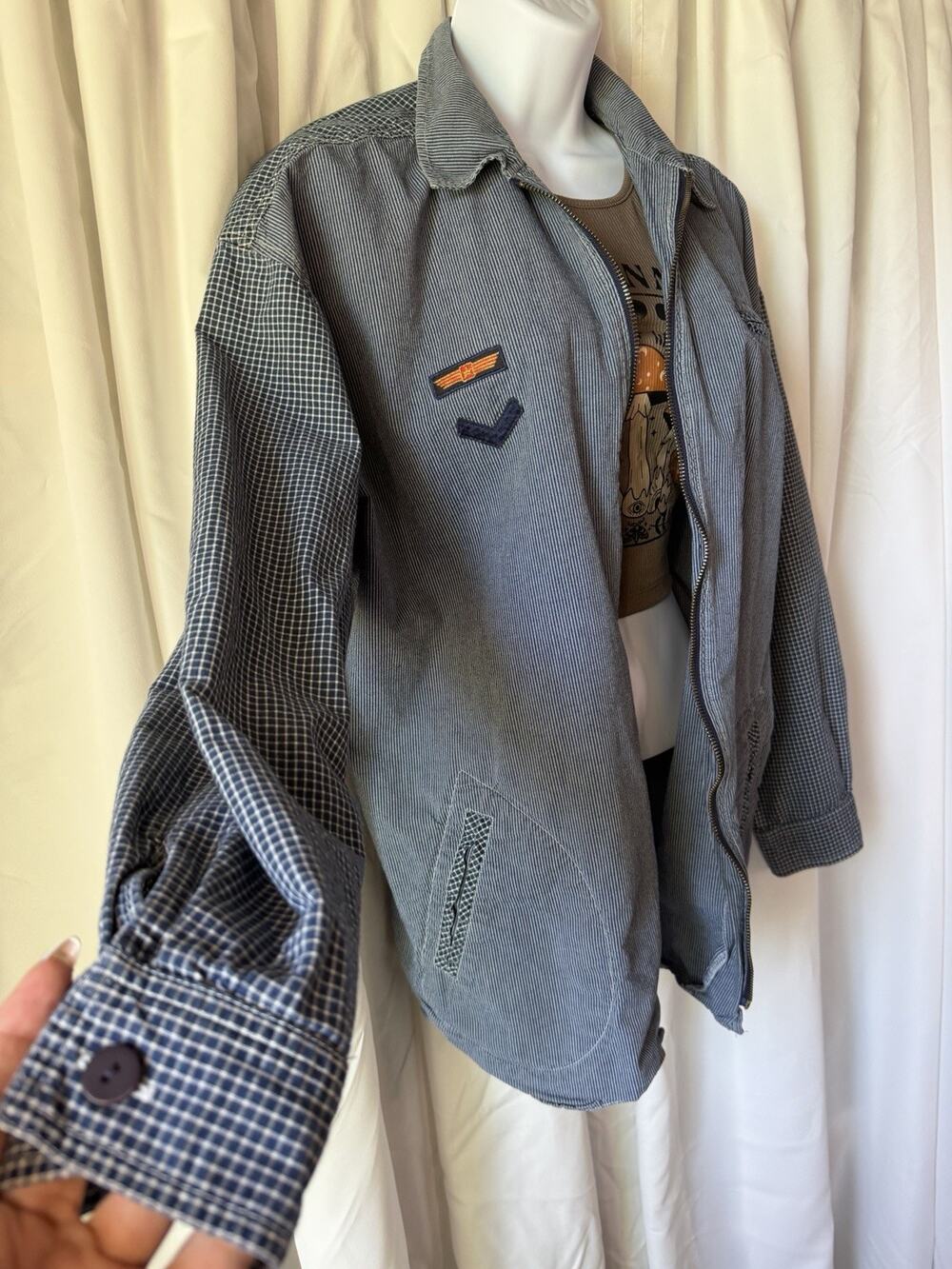 Vintage Blue Hickory Stripe Gingham Mixed Print Utility Chore Jacket Size XL